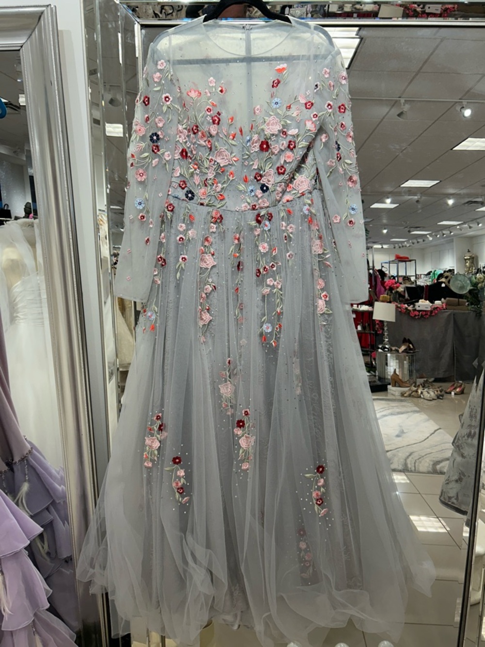 MAC DUGGAL Embroidered Floral Long Sleeve Tulle Gown - Light Gray with Pink